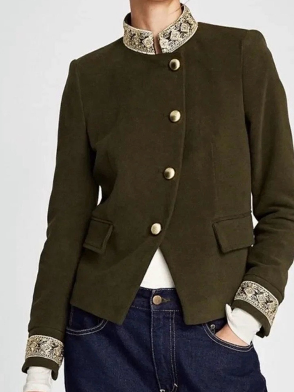 Zara Velvet Military Jacket - Olive Green